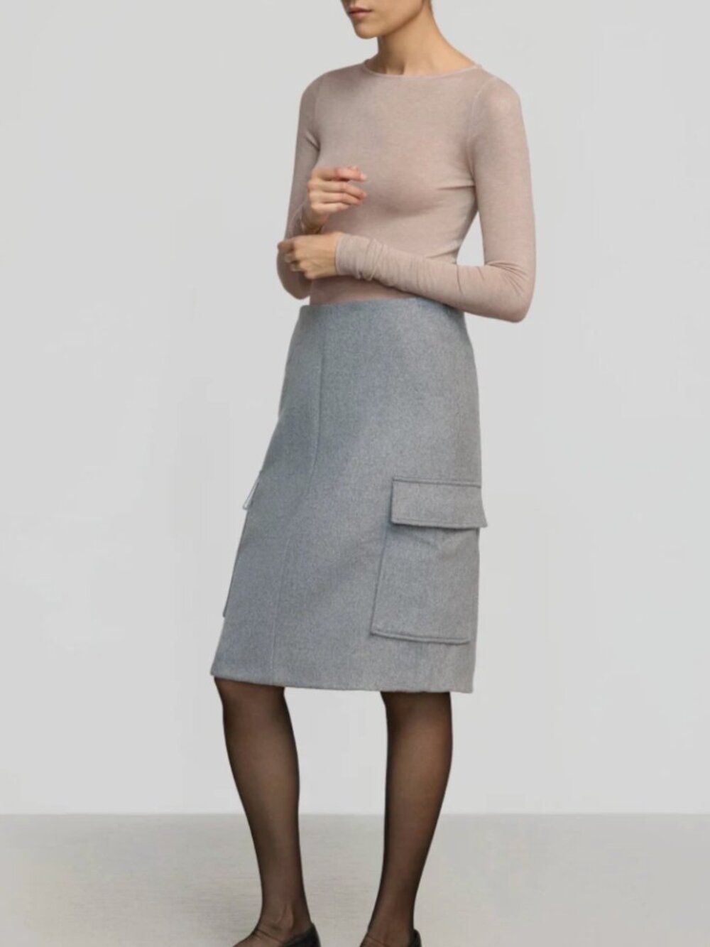 Modern Citizen Felicia Wool Blend Utility Pencil Midi Skirt Gray Pockets Size S